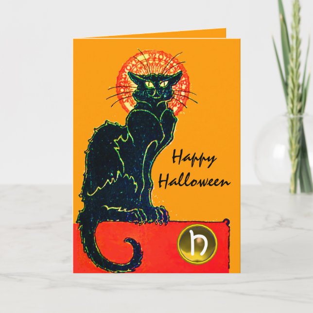 CARTE CHAT NOIR HALLOWEEN PARTY MONOGRAM (Devant)