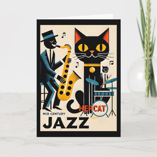 Carte Chat Noir HepCat d'Ère du Jazz Milieu du Siècle (Devant)