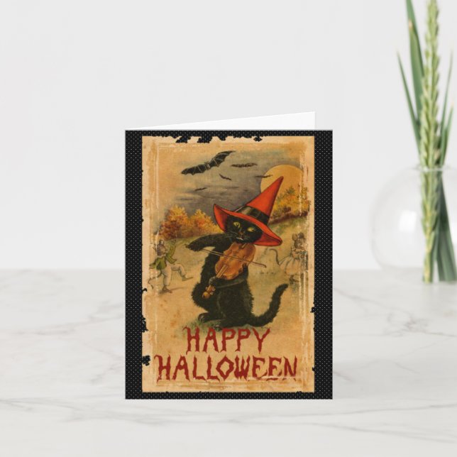 Carte Chat noir heureux de Halloween jouant des battes (Devant)