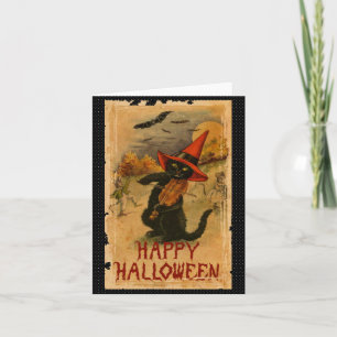Carte Chat noir heureux de Halloween jouant des battes