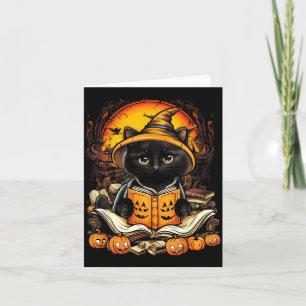 Carte Chat Noir Lisant des Livres Citrouille Automne Ens