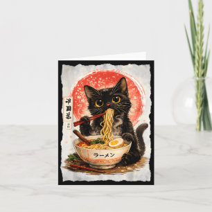 Carte Chat noir mangeant des ramen mignon kawaii anime c