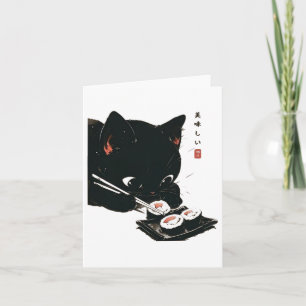 Carte Chat noir manger Sushi - Chat Art Japonais