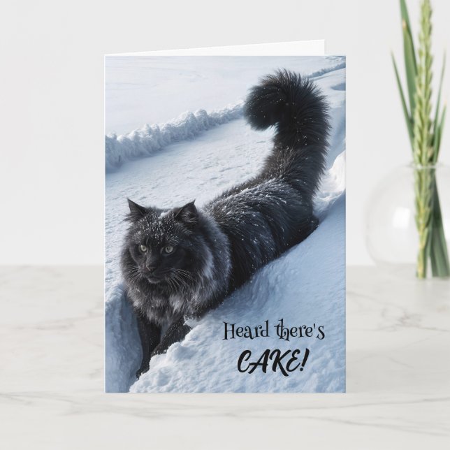 Carte Chat Noir Marchant Dans La Neige Profonde (Devant)