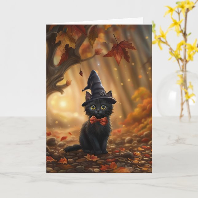 Carte Chat noir mignon d'Halloween avec Casquette sorcie (Fleur jaune)