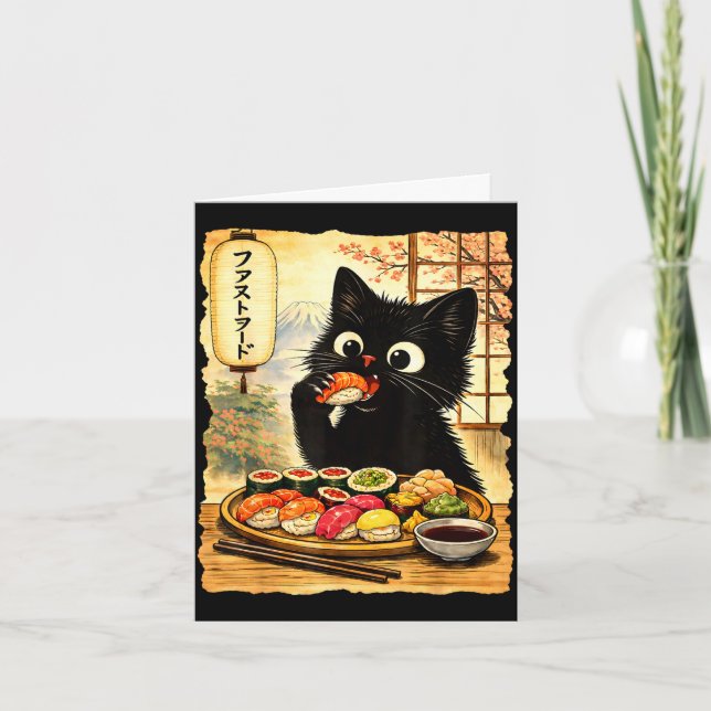 Carte Chat noir mignon mangeant du sushi kawaii nourritu (Devant)