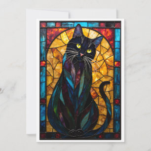 Carte Chat noir mignon plat de style vitrail
