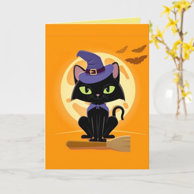 Carte Chat noir mignon sur balaiCarte d'Halloween (Fleur jaune)