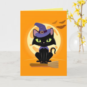 Carte Chat noir mignon sur balaiCarte d'Halloween