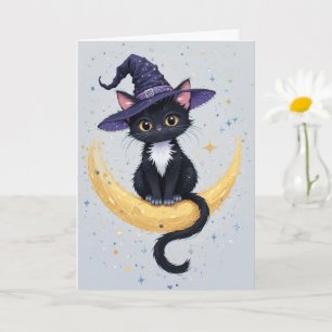 Carte Chat noir mignon sur Crescent Moon Halloween Salut