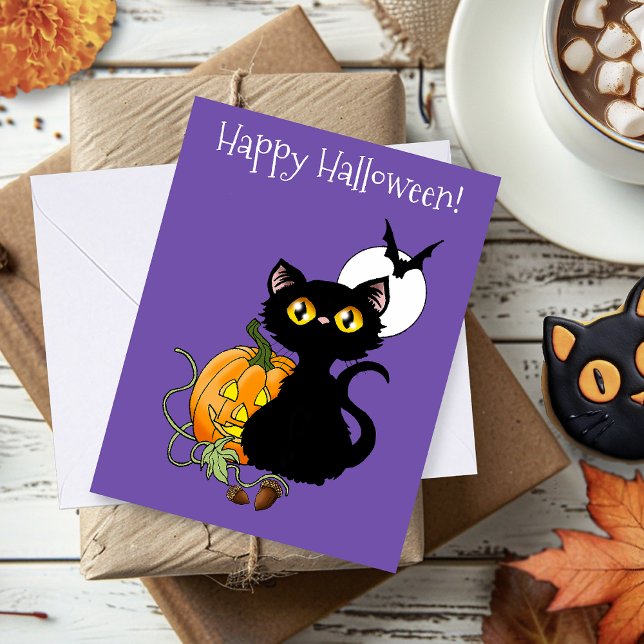 Carte Chat noir mignon violet effrayant Halloween Citrou (Créateur téléchargé)