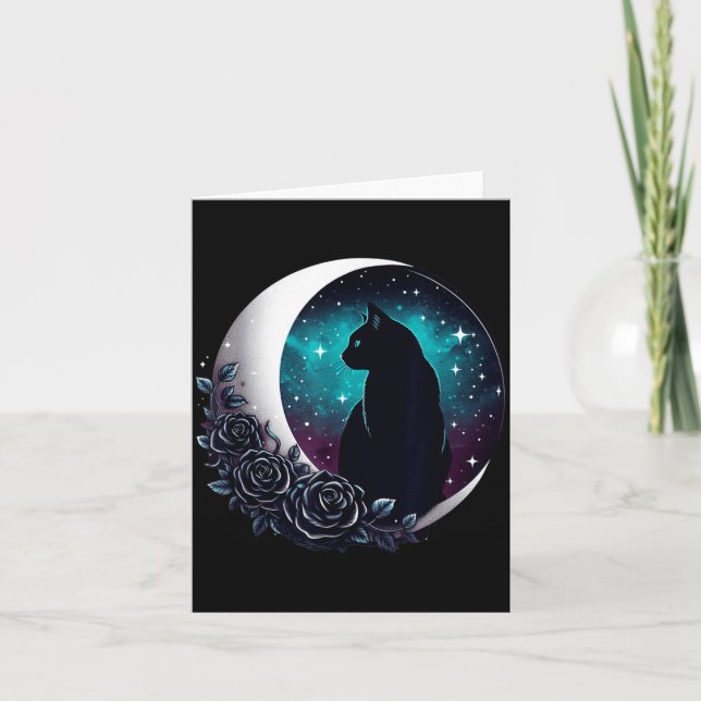 Carte Chat Noir Mystique Avec Lune Et Roses Célestes (Devant)