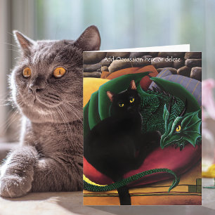 Carte Chat Noir Mystique Émeraude Dragon Vert Fantastiqu