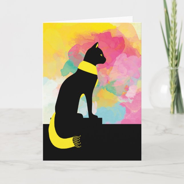 Carte Chat Noir Portant Écharpe Jaune, Mur Coloré (Devant)