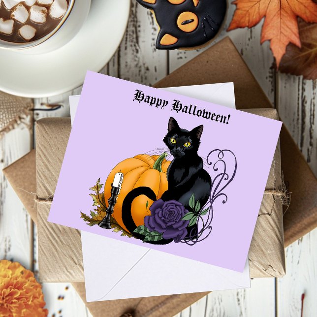 Carte Chat Noir Rose Pourpre Citrouille Automne (Créateur téléchargé)