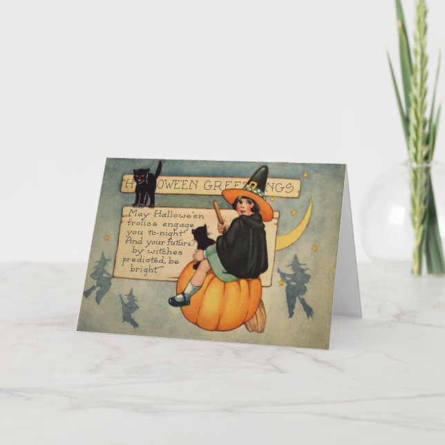 Carte Chat noir sorcière citrouille croissant de lune (Devant)