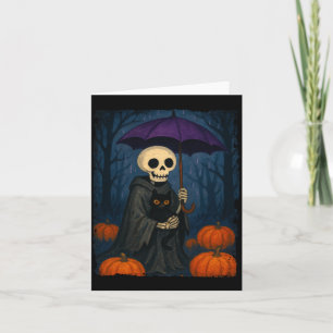 Carte Chat noir squelette parapluie violet citrouille