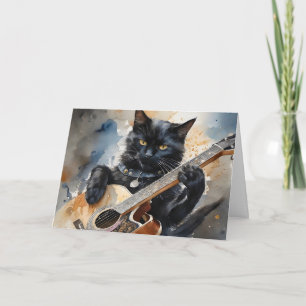 Carte Chat noir star de rock jouant de la guitare acoust