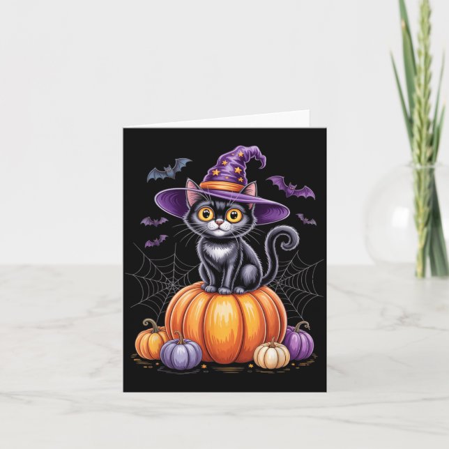 Carte Chat Noir Sur Citrouille Avec Chapeau De Sorcière  (Devant)