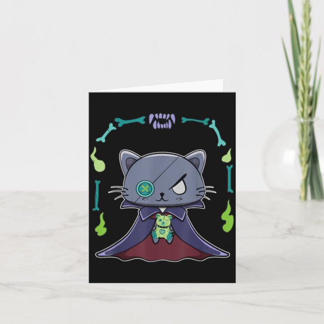 Carte Chat noir vampire Dracula et ours en peluche pour (Devant)