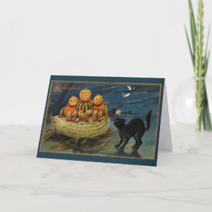 Carte Chat noir vintage Halloween Citrouille
