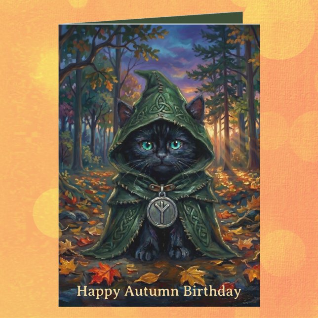 Carte Chat noir Whimsigoth Anniversaire d'automne (Happy Autumn Birthday Cat Lover. Celtic pagan eolhx rune black kitten fall design for birthdays)