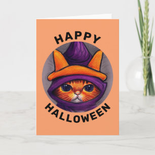 Carte Chat orange avec chapeau de sorcière violet Joyeux