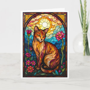 Carte Chat orange de style vitrail avec fleurs roses
