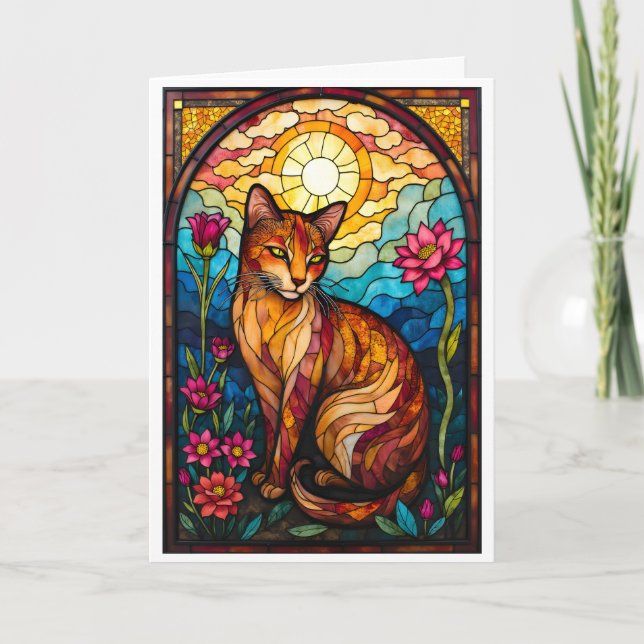 Carte Chat orange de style vitrail avec fleurs roses (Devant)