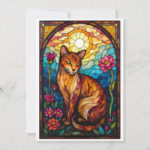 Carte Chat orange de style vitrail avec fleurs roses