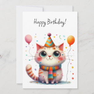 Carte Chat orange et blanc avec chapeau de fête à plat p