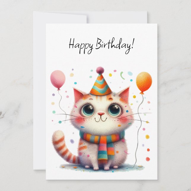 Carte Chat orange et blanc avec chapeau de fête à plat p (Devant)