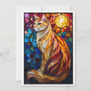 Carte Chat orange et blanc duveteux de style vitrail 