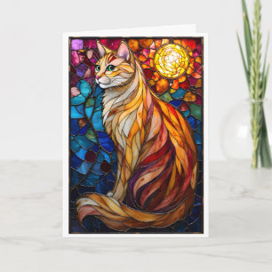 Carte Chat orange et blanc duveteux de style vitrail 