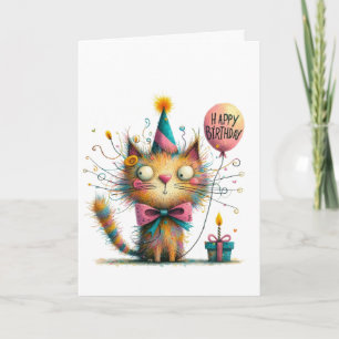 Carte Chat orange excentrique avec chapeau de fête et gâ
