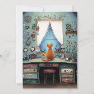 Carte Chat Orange Quirky à une fenêtre Bonjour plat