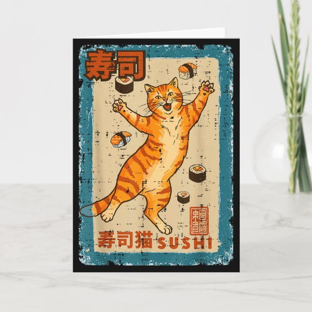 Carte Chat Orange Saute Avec Nourriture Japonaise Sushi  (Devant)