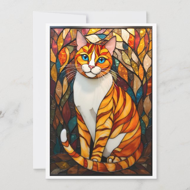 Carte Chat orange style vitrail bleu yeux plat (Devant)