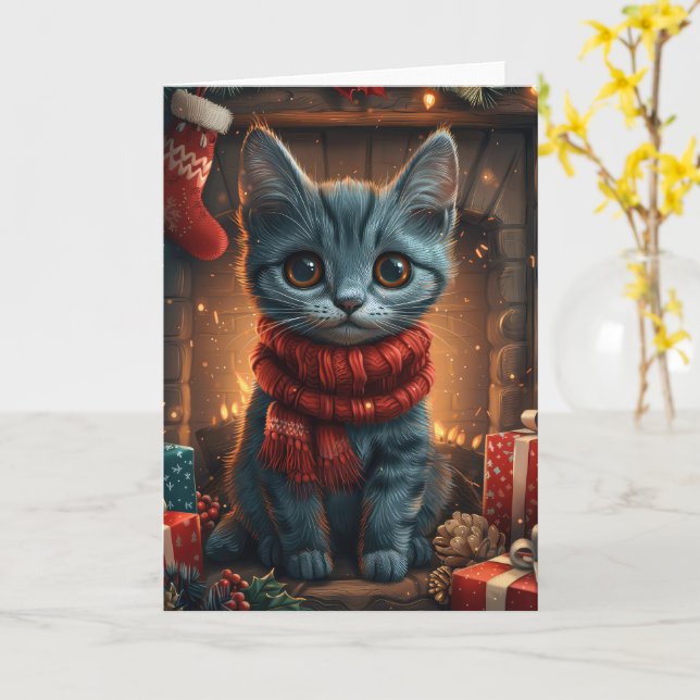 Carte Chat Oriental Bleu Avec Cheminée Cadeau De Noël (Fleur jaune)