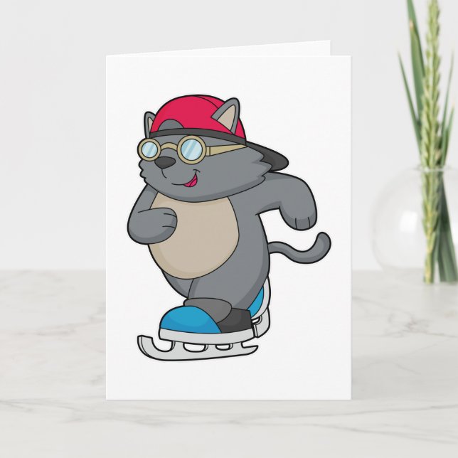 Carte Chat patineur artistique avec patins à glace (Devant)