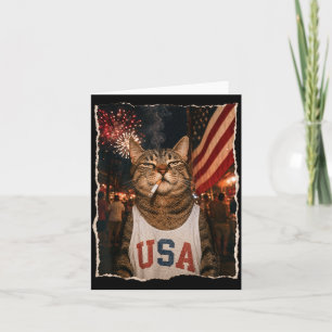 Carte Chat patriotique du 4 juillet fumant une cigarette