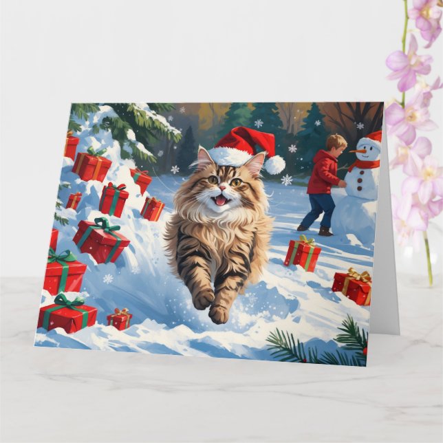 Carte Chat Persan Assis dans la Neige avec un Chapeau de (Orchidée)