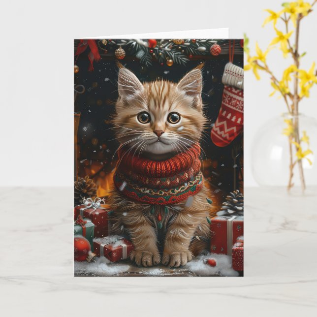 Carte Chat Persan avec cheminée de cadeaux de Noël (Fleur jaune)