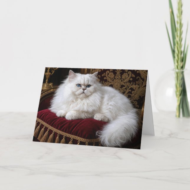Carte Chat persan blanc d'anniversaire sur un coussin de (Devant)