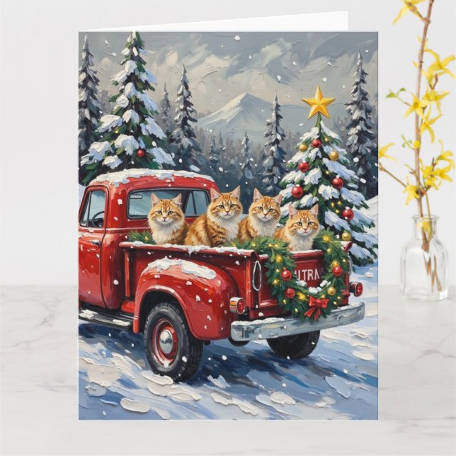 Carte Chat Persan camion rouge Noël vacances (Fleur jaune)
