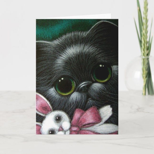 CARTE CHAT PERSAN NOIR & LAPIN DE PÂQUES (Devant)