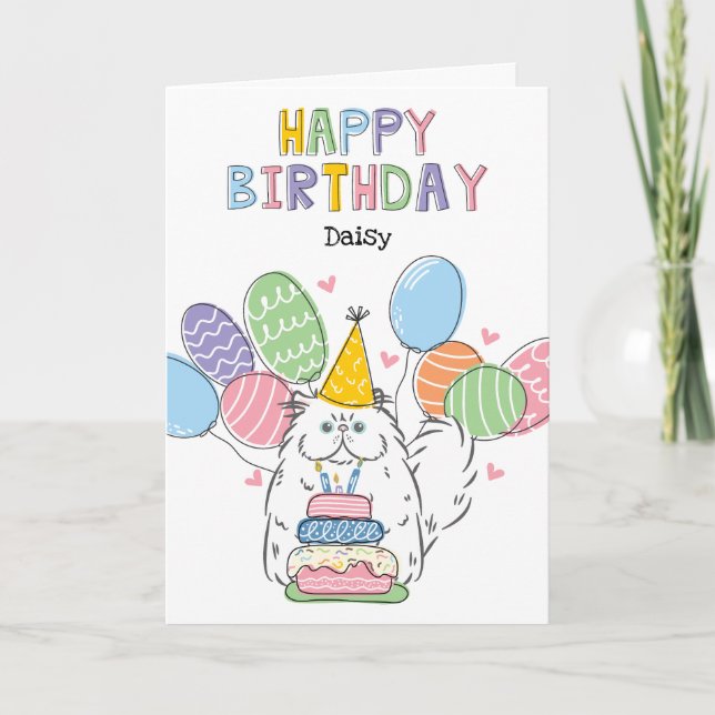 Carte Chat Perse Blanc Longhair fête d'anniversaire (Devant)