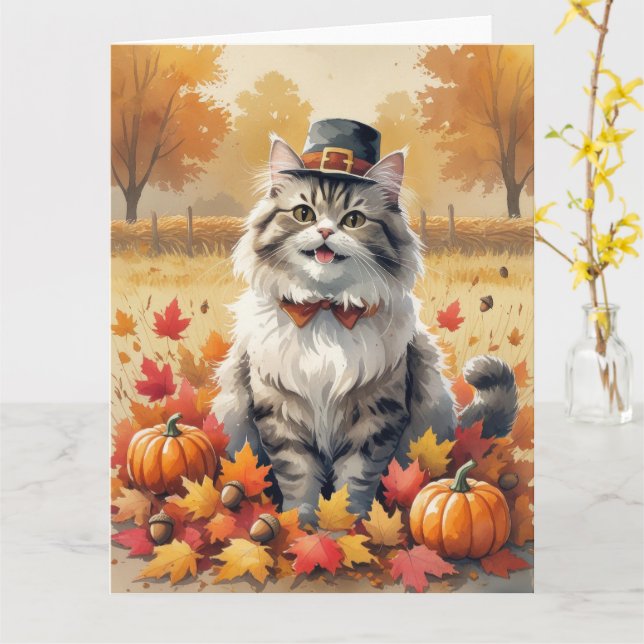Carte Chat Perse En Automne Feuilles Thanksgiving Art (Fleur jaune)