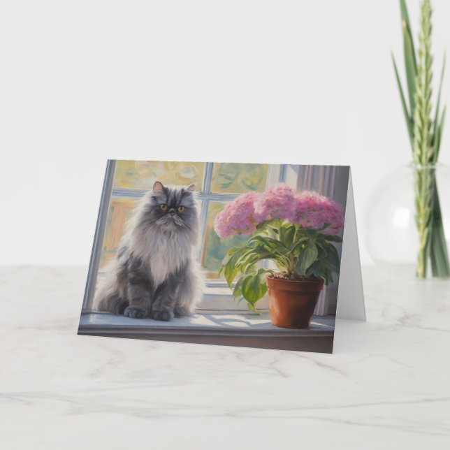 Carte Chat perse gris mignonne avec Plante à fleurs rose (Devant)