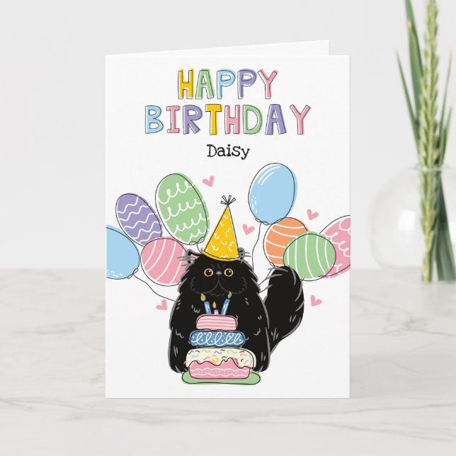 Carte Chat Perse Noir Longhair fête d'anniversaire (Devant)